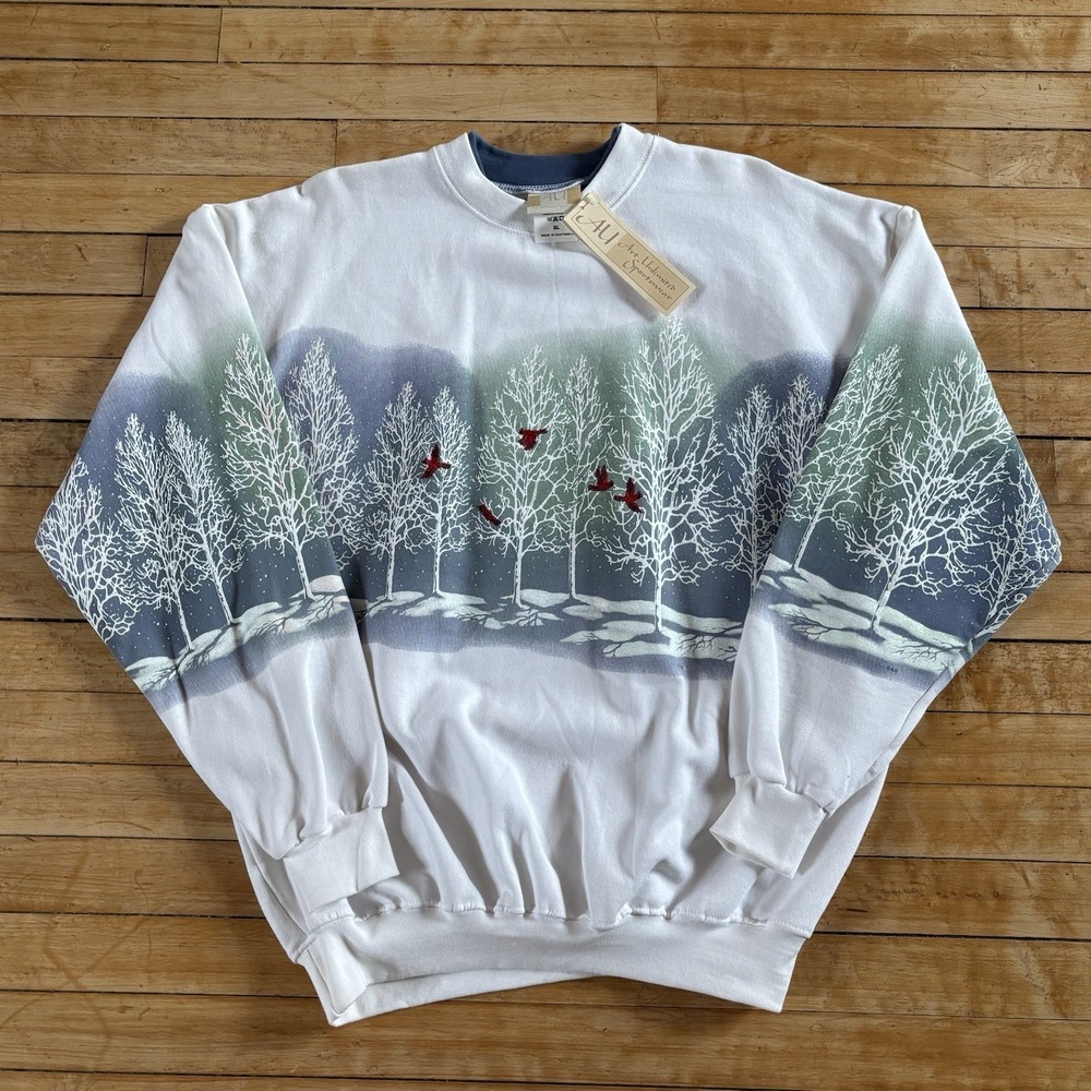 VTG 90s Art Unlimited Winter Cardinal Crewneck Sweatshirt AOP Size XL NWT NOS